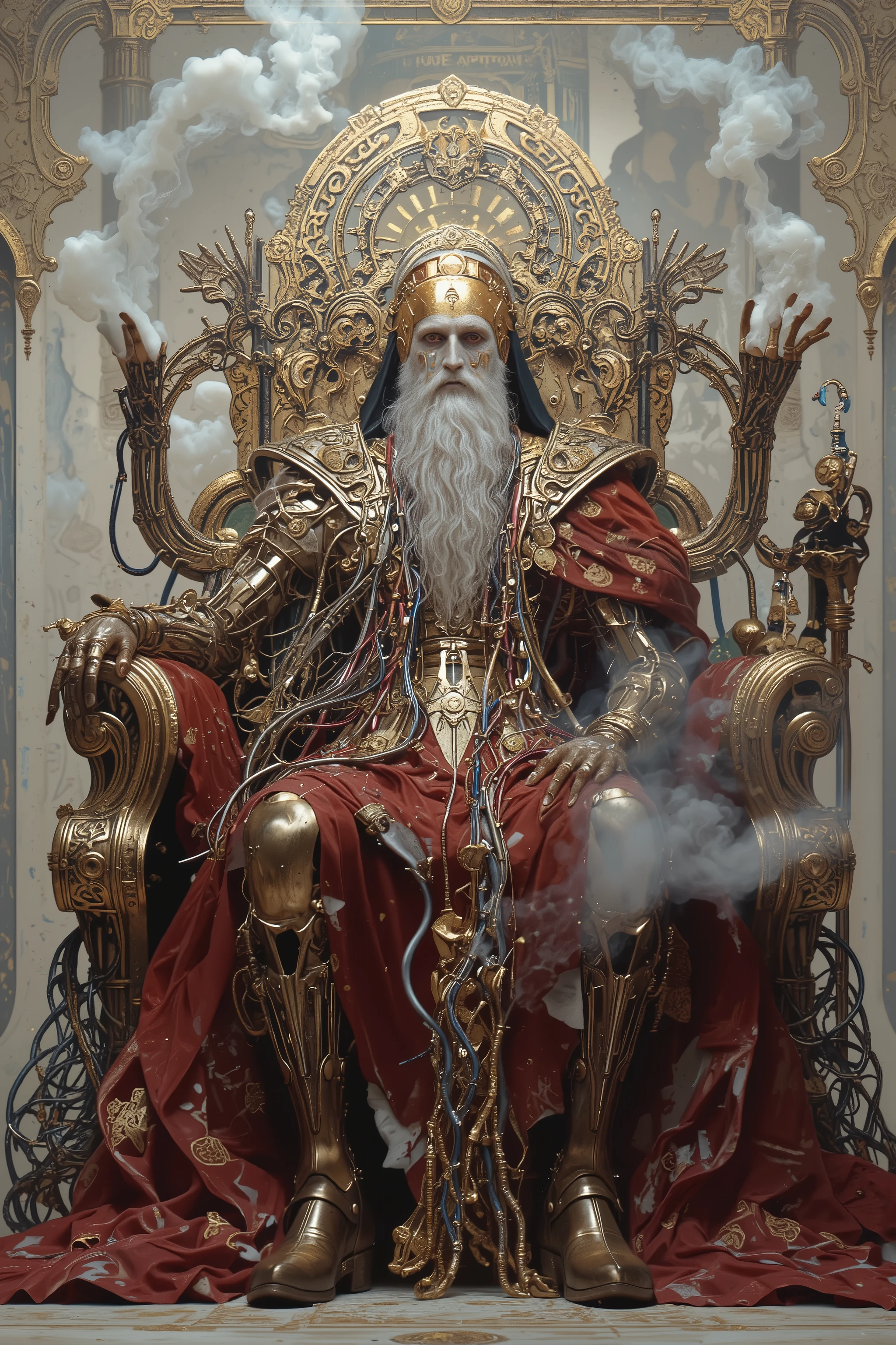from front,sitting throne,((fullbody,Albino,red eyes,forehead eyes:1.3)),(king of gods,dignified old man),long Hair,wearing bodysuite,stern,majestic,high-fashion portrait,(cyborg,mechanical transformation),modern neo surrealism,Object of faith,(colorful),sconnected by tubes,tangled,Symbolic and dynamic pose,cinematic,dramatic,dynamic angle,body horror,decorated background,iconic,steam,beautiful gold,inspired from Hellraiser, Anatomically correct,vivid color,((ultra-realistic,as realistic as possible,cinematic quality,top quality,masterpiece,High sensitivity,High Resolution,detailed depiction,16k,8k,hyper realistic photo,beautiful detailed,realistic,High Definition,high detail)), d4li,Gustav Klimt style,H.R. Giger style,by gustavklimt,Pinhead