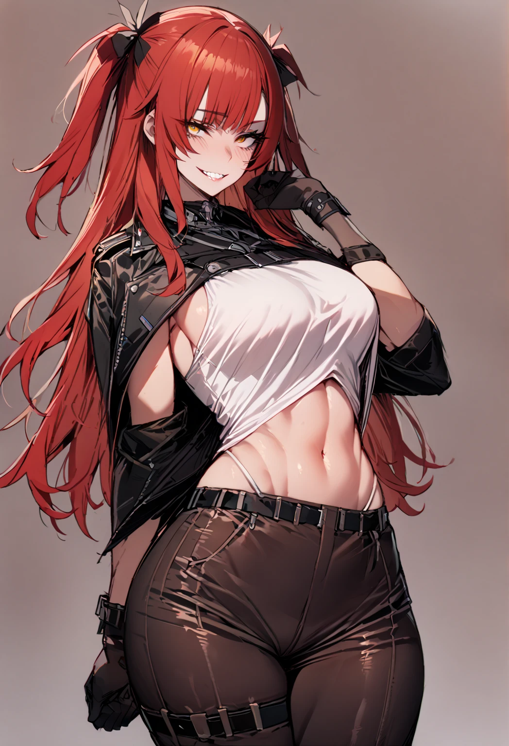 masterpiece, best quality 1girl, solo, beautiful woman, messy bangs, red hair, long hair, hair two side up by black bows , yellow eyes, grin, large breasts, toned stomach, white tank top, black coat, figureless black gloves, pants, sheathed sabre, fantasy looking at viewer.