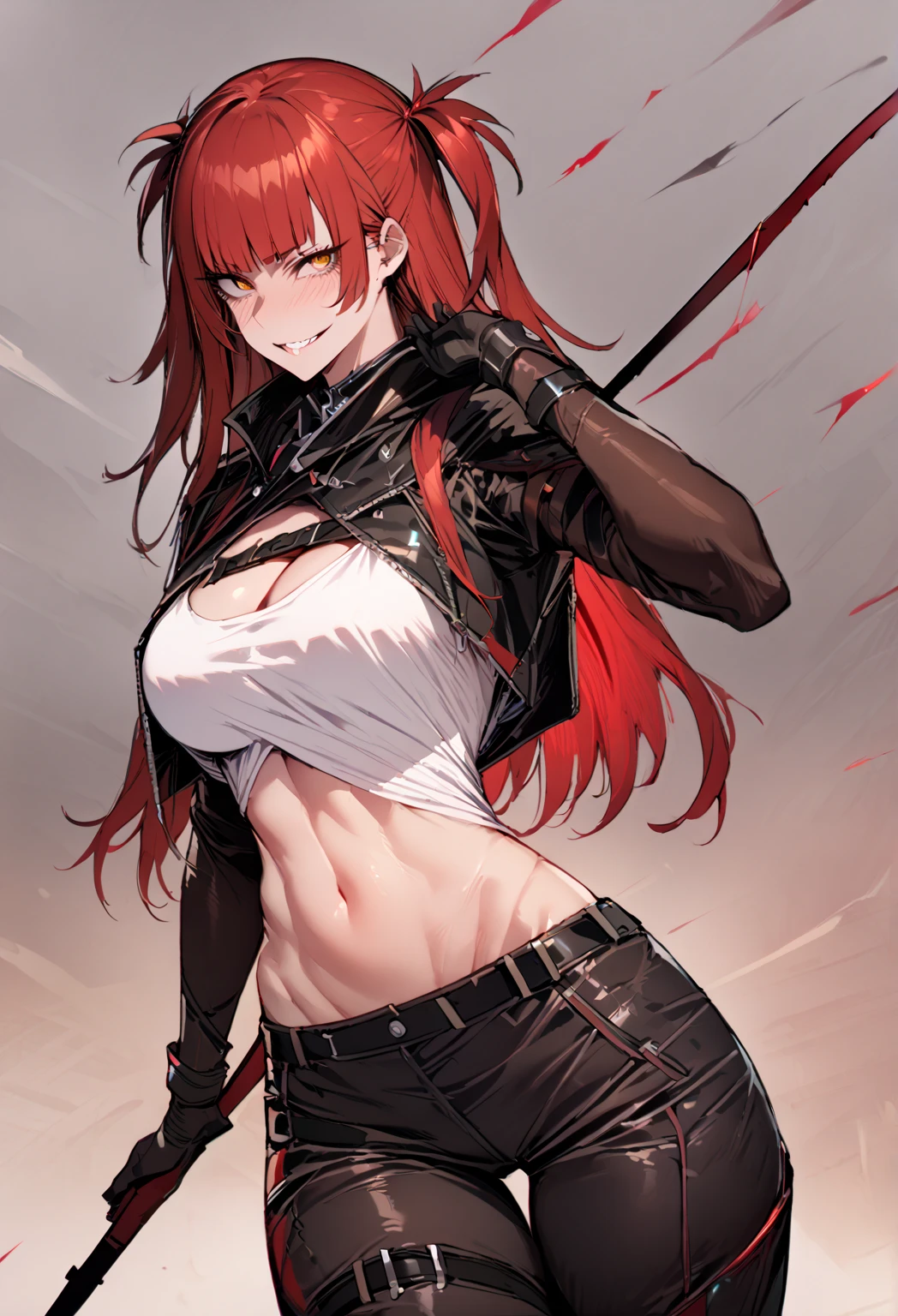 (Makima Chainsaw Man), dynamic poses,(earrings:1.5), work of art,(paris:1.5), RAW color, 8k, illustrator, work of art, high qualiy, 8k, high resolution, highy detailed, tummy, high qualiy, （very detailed cg unity 8k wallpaper），best qualityer，cinematic lighting, ultra details，work of art，）, (ssmile:1), (black pantyhouse:1.5), (large breasted), Depth of field,face detail, (natta), (full body shot shot), looking ahead at viewer, (Cropped top with high throat:1.1), (neckleace), Red hair, belly button