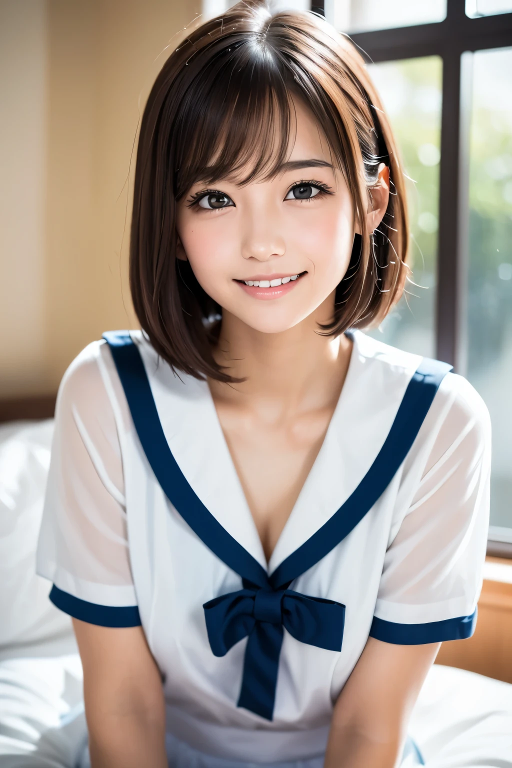 (masterpiece)、(Highest quality:1.5)、(Photorealistic:1.2)、(Surreal), (High resolution), (Realistic), (Post-processing),(Sharp focus), Sharp focus:1.2,Backlight, (Improvement of quality:1.4), Healthy thighs、(Narrow waist)、Big Ass、((Perfectly detailed five-fingered hands)),(Anatomically correct body)、((1 female:1.4))、Japanese、Realistic Skin、(Small chest:1.4)、Bust size is B cup、Pretty woman with perfect figure:1.4,(from the front:1.5), (Enhances the beauty of skin texture:1.1),No makeup、美しいBlack Hair、最高のsmile、Natural color lip、(Small Mouth:1.4)、(Oval Face)、Even bangs、Hide eyebrows with bangs、((29-year-old woman))、Bob Hair、Hair blowing in the wind, (Black Hair, Iris, Watery eyes, Shining Eyes, Bob Cut Hair, Small earrings,), Hair behind the ear、No makeup、(Drooping eyes)、Drooping eye corners、Photos taken by a professional photographer,1 girl, かわいいsmile,whole body、(((One lovely woman)),((優しい大きなsmile)),(( Small breasts,Small breastsの谷間)),((((Plump Cheeks)))),((whole body:1.5)),(((((Photorealistic:1.4))),((((whole body写真))),(The body is slim)),((Lens flare),(Narrow waist)),Standing Random Pose, smile, Natural Breasts, Perfect lighting, (Mysterious), Clear and detailed,(tropical beach background)、(Dynamic Stylish Pose 1.2)、(With cleavage 1.2)、(thin legs 1.2)、(delicate, Plump and moisturized lips)、, ((School_uniform, Japanese sailor uniform, flare skirt)), (classroom), Cute face, (No pants),
