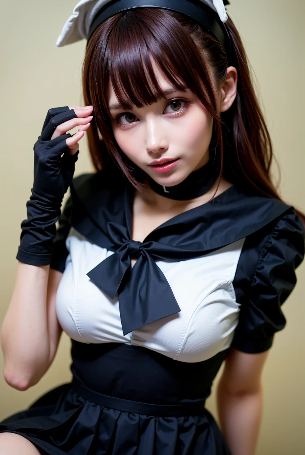 ((highest quality)), ((masterpiece)), (detailed), Perfect Face,Beautiful Hair,smile,high school girl,Wink,Japan Geek,Striped Thigh Socks,Big Breasts,fake cat ears,(cat collar),(opera length gloves),(cat tails),In the pink room,Children&#39;s room,Cute furniture,((Maid clothes)),(((oiled skin))),(((kneeling))),(Sweat),((paw pose)),loafers,((maid Cafe)),