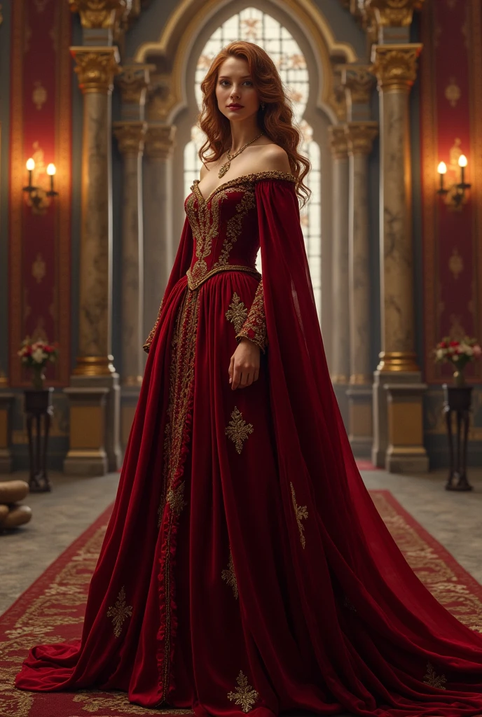  (Best quality, 4K, high resolution, masterpiece:1.2), A visual depiction of Lady Seraphina d’Aurelis in her luxurious court gown, set in a dark fantasy Renaissance Era theme. Lady Seraphina is shown in a grand, ornate gown that reflects her status as the daughter of the city's ruler. The provocative and daring gown is rich in detail, made of deep crimson and gold fabric, with intricate embroidery and jewels adorning the bodice and sleeves. Her chestnut brown hair is styled in elegant braids, adorned with delicate jewels. Lady Seraphina stands with grace and poise, embodying nobility and strength. The background suggests a grand hall within the palace, with tall windows, heavy drapes, and flickering candlelight. The depiction is in a realistic, high-detail oil painting style, capturing the elegance and regal presence of Lady Seraphina in her finest attire.