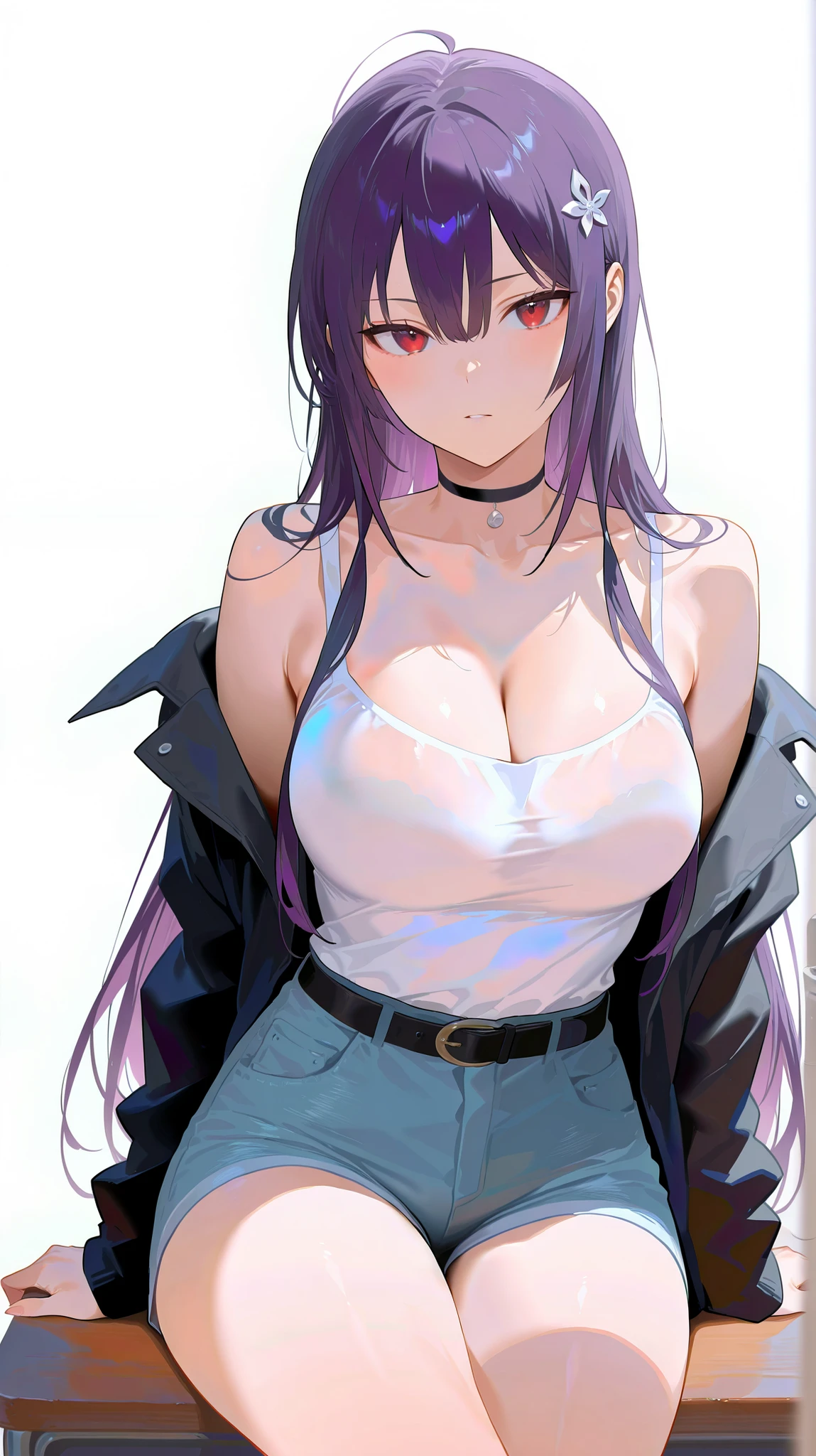 The best masterpiece、Wolf Girl, Large Breasts, Voluminous light purple hair, masterpiece , Red eyes, hd, Thick thighs, Head to Chest, buried in my chest、Double teeth、tooth、Chubby、Grinning、camisole、Big Tits、Denim Jacket、white iris、