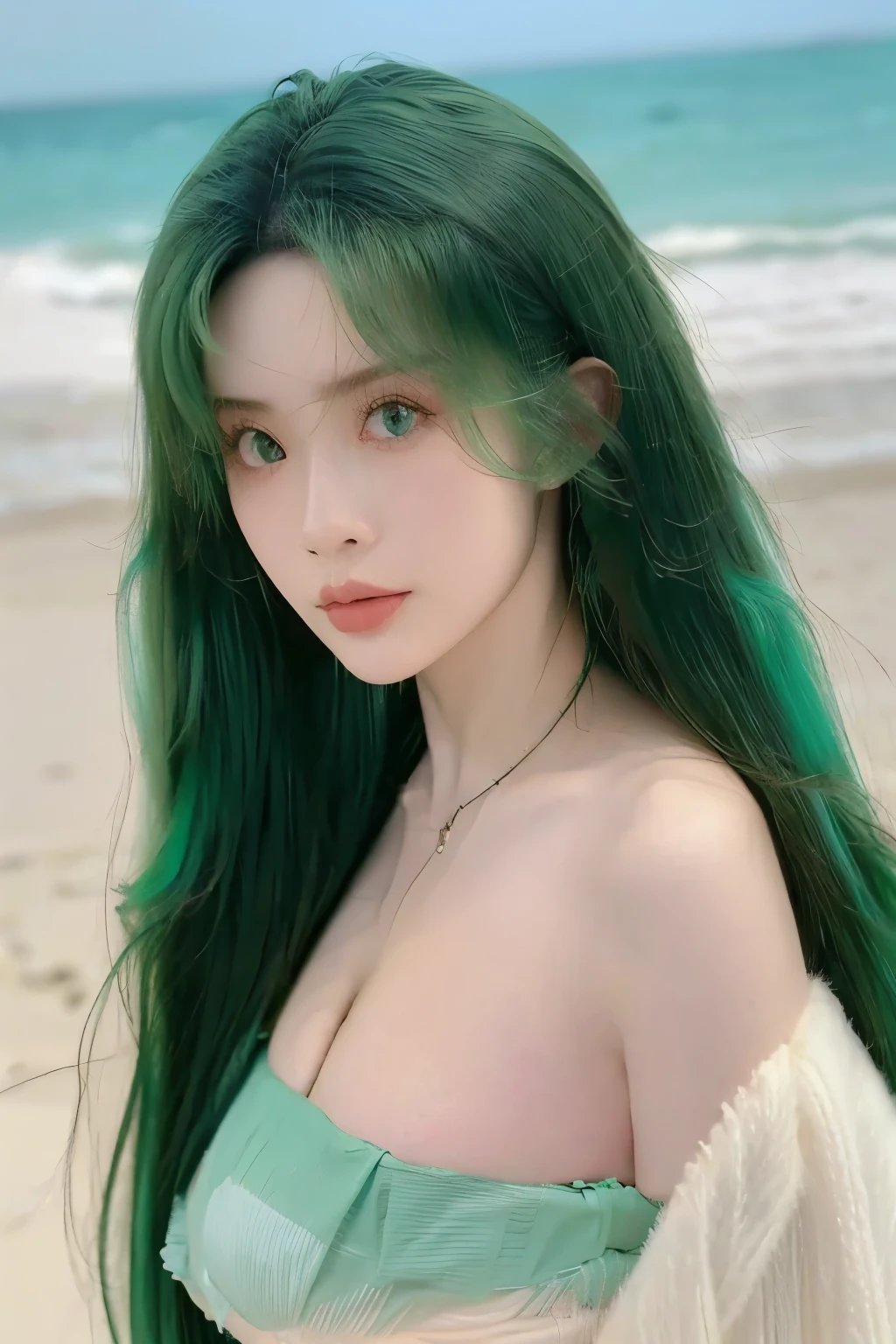 Beautiful Women with Perfect Shapes,Layered Hairstyle,Skin Whitening,Long Green Hair,bikini,by the sea,Half-length portrait