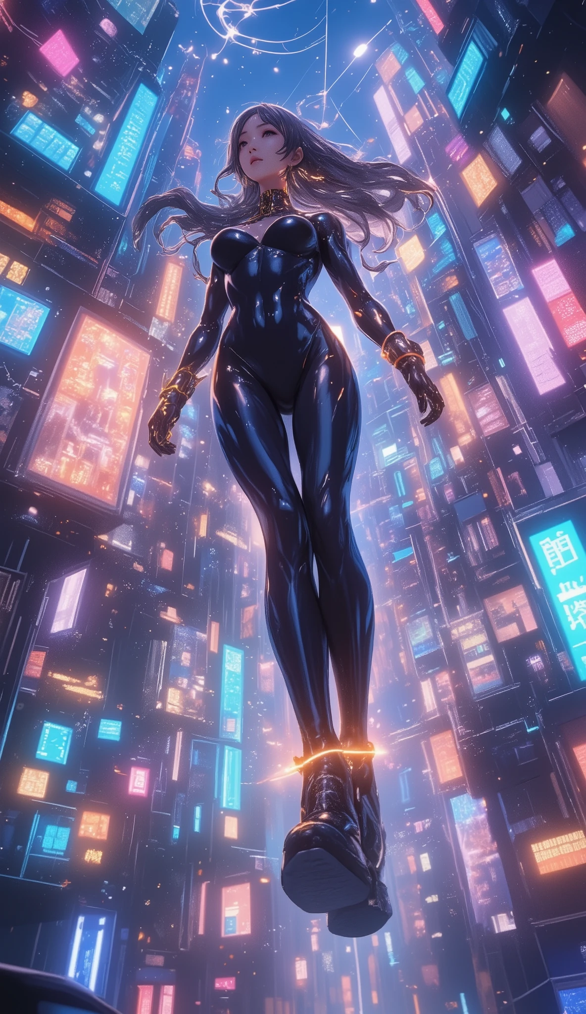 (A girl traveling to another world), a floating busty girl, Street fashion in 3025, chemical suits that allow travel to different dimensions, illumination, neon colors, rubber suits, different dimensions, cyberspace, different worlds,Close Encounters of the Third Kind, laser beams,