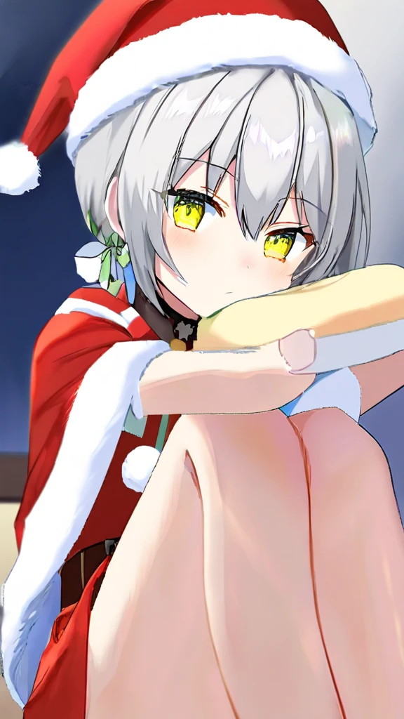 NSFW,masterpiece,Highest quality,High resolution,Very detailed,,Joan of Arc Horta Santa Lily\(Fate/grandorder\),(White Hair),Short Hair,Headpiece,Golden Eyes,Small breasts,Red and white santa costume,Two-tone,White cut-in dress,mini skirt,Black bikini top,Knee socks,Nightlife,In town,Embarrassed,blush,(Lustful face),Molester,sexual harassment,(Prostitute),barker