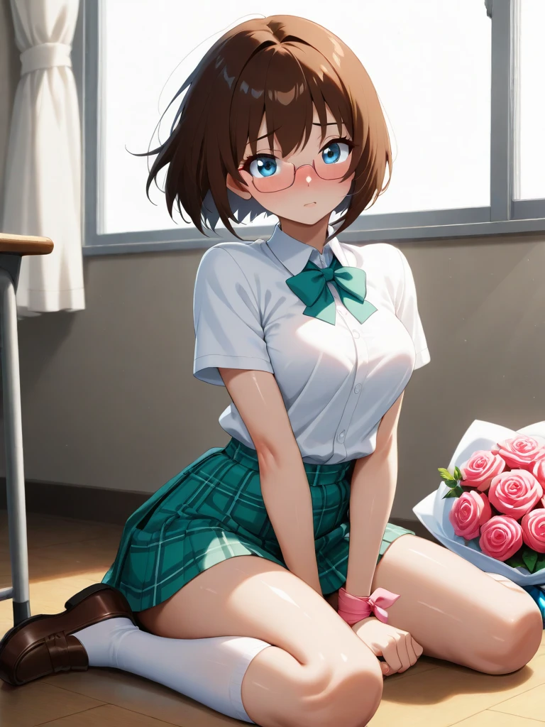 masterpiece、High Quality、8k、high resolution、solo、 high chroma、HD 、anatomical structure、Perfect Body、beautiful skin、pretty eyes、blue eyes、shiny costume、(brown hair:1.hort bob with unskilled glasses、Short Hair 、bungs、embarrassing、uniform((white shirt、Short sleeve、 Green Plaid Pleated Skirt 、Micro Miniskirt、nose software、white high socks、White Scrunch on Wrist、loafers))、 soft shadow、daylight、textured skin、wind、skirt flip、(Pink Wrapped Rose Bouquet)、With both hands、 Classroom、 Daylight、(wariza:1.5)、dark pink blush、Viewers' Perspectives、studio lighting for women、I can see the schoolyard from the window、medium