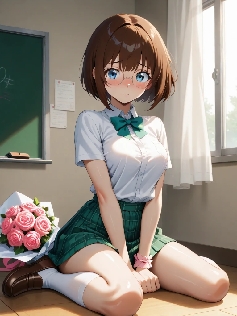 masterpiece、High Quality、8k、high resolution、solo、 high chroma、HD 、anatomical structure、Perfect Body、beautiful skin、pretty eyes、blue eyes、shiny costume、(brown hair:1.hort bob with unskilled glasses、Short Hair 、bungs、embarrassing、uniform((white shirt、Short sleeve、 Green Plaid Pleated Skirt 、Micro Miniskirt、nose software、white high socks、White Scrunch on Wrist、loafers))、 soft shadow、daylight、textured skin、wind、skirt flip、(Pink Wrapped Rose Bouquet)、With both hands、 Classroom、 Daylight、(wariza:1.5)、dark pink blush、Viewers' Perspectives、studio lighting for women、I can see the schoolyard from the window、medium