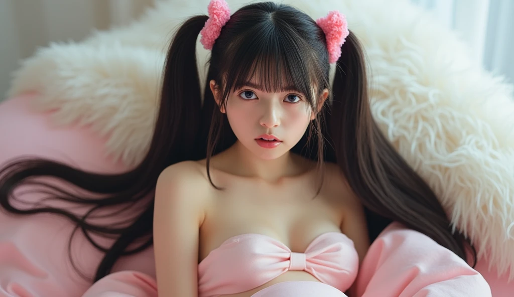 8-year-old woman、Pink and red hair、Hair style: long twin tails、eyes drooping a little、Pink lipstick、Sticking out tongue、I'm having an orgasm、Height is 140cm、Bust is 105cm、nipples are pink in color,、Completely naked、Lying on the bed、Sperm overflows from the genitals、There is a lot of sperm on the face、Sperm is being ejaculated from the penis onto the face、full body