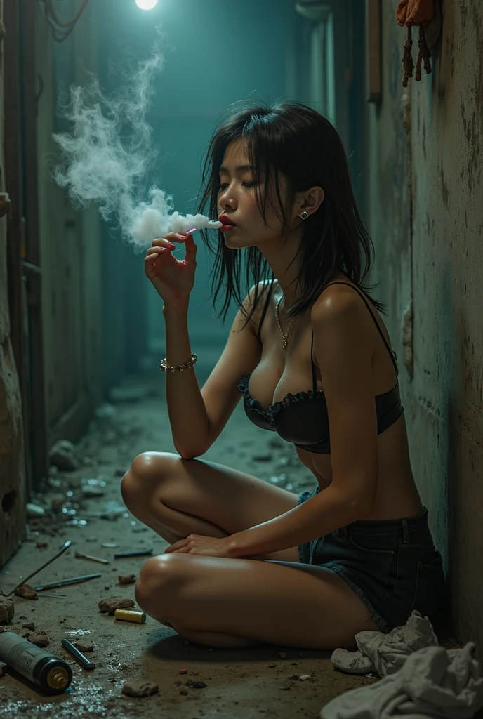 Hyperrealistic photo of beautiful girl , where she is sitting on the street smoking a cigarette, she is wearing a red dress, striped stockings and red Converse sneakers, the wall behind her back is decorated with graffiti with the words "Lentera", empty bottles are scattered around, the air is filled with age protest, smoke is coming from her nose, she looks cool and determined, black eyes, black hair. Cool iPhone wallpapers]