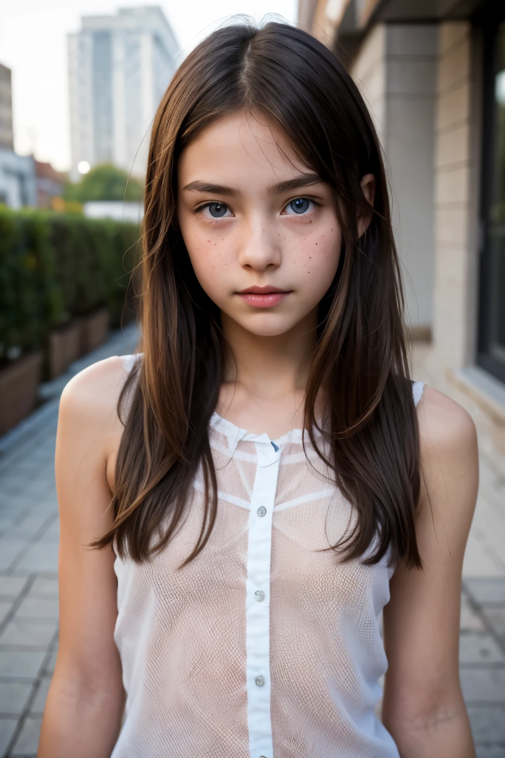 (Please generate a picture of a slim young Irish girl with brown hair, freckles, very young girl of 13Jahren, is wearing a blue fishnet shirt , below is the naked body . She has bigger , blaue Augen, and a subtle, natural makeup. The photo should, that she is not wearing any flashy makeup , She should look directly into the camera. The face should look real and natural . full body, She has sharp blue eyes. The girl has a sweet temperament. The background should be clear、neatness. The details of the picture should be of high quality(Best quality at the best price)), ((Meisterwerk)), ( detailed pubic hair ), has the perfect face, very young girl of 13, Tween. 13_yo 13_yr