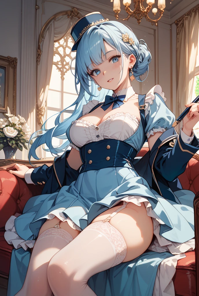 Blue Hair, Black garter stockings, White mini skirt, Leg spread