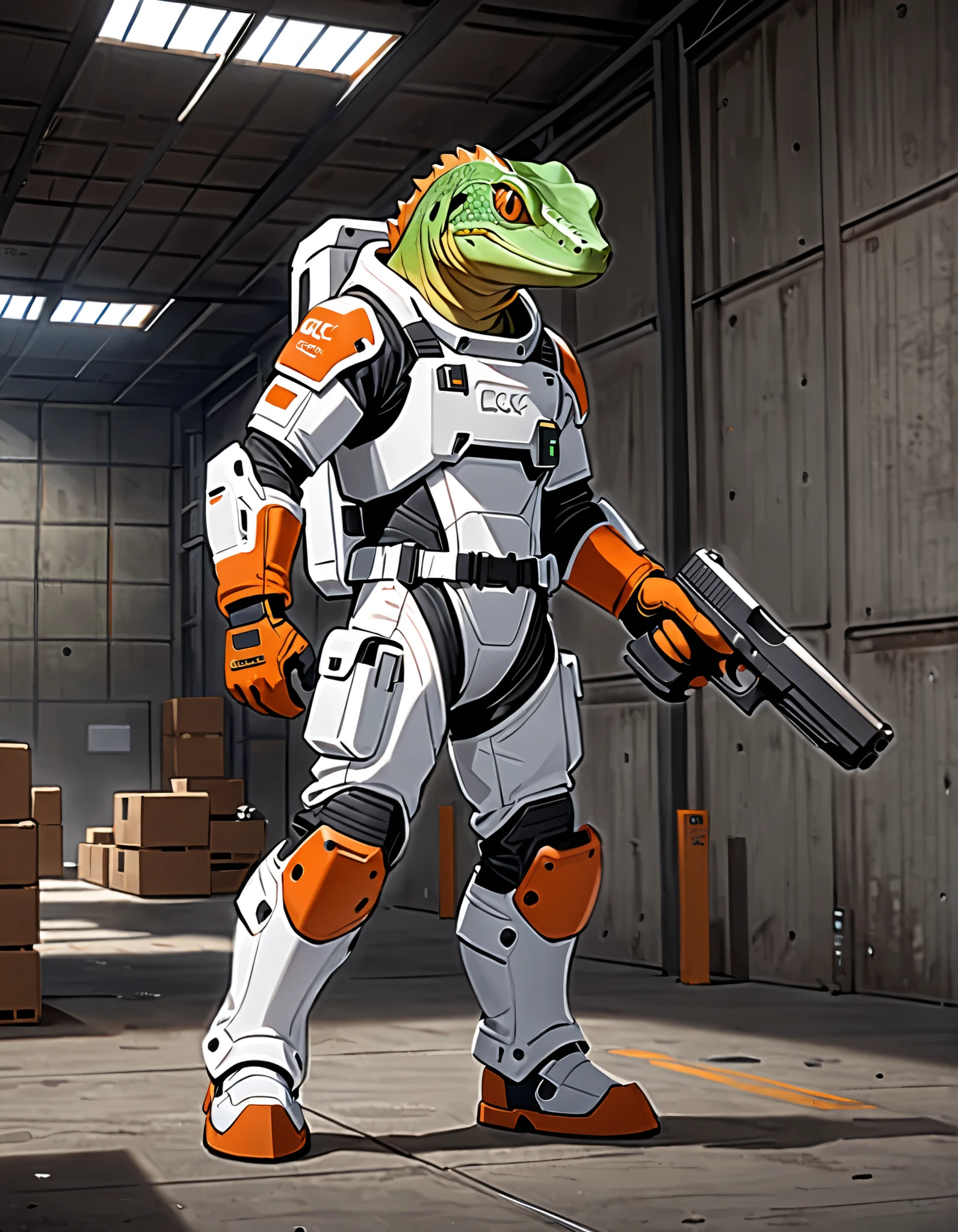 (masterpiece), (best quality), (high res), (solo, solo focus), 1male, male focus, anthropomorphic lizard, mutant, reptile, green lizard, (holding weapon, Glock Pistol), matching orange gloves, white spacesuit, armor, black knee pads, white boots, midget-sized, warehouse backdrop, indoors, standing, full-body costume design.