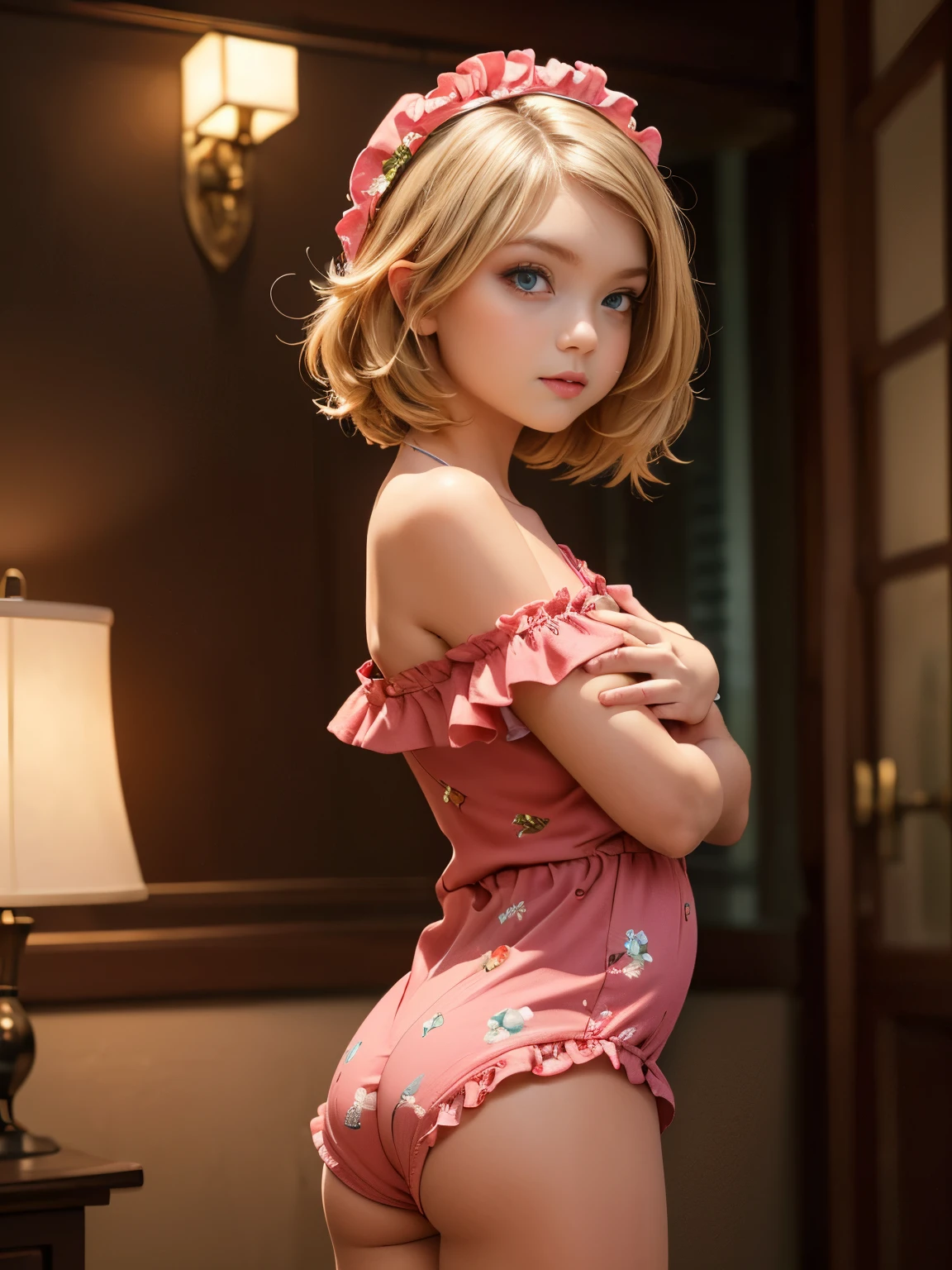 (UHD, retina, masterpiece, textured skin, super detail, best quality, 8k, accurate, anatomically correct, super detail, extremely precise in every detail, beautiful detailed glow, beautiful attention to detail, beautiful detailed eyes:1.3) A young girl stands in a baby-room, (wears a frilled red four-length short-sleeved baby-rompers with lots of floral pattern:1.4), (the buttocks of her rompers inflated puffy:1.4), shoot from side, smiling, (anatomically correct fingers, anatomically correct hands:1.3), (long blonde hair, shiny blue eyes:1.1), (flat chest like a boy:1.3), slender body, slim body, wearing a frilly headdress on her head, (flat chest like a boy:1.3), on a nursery