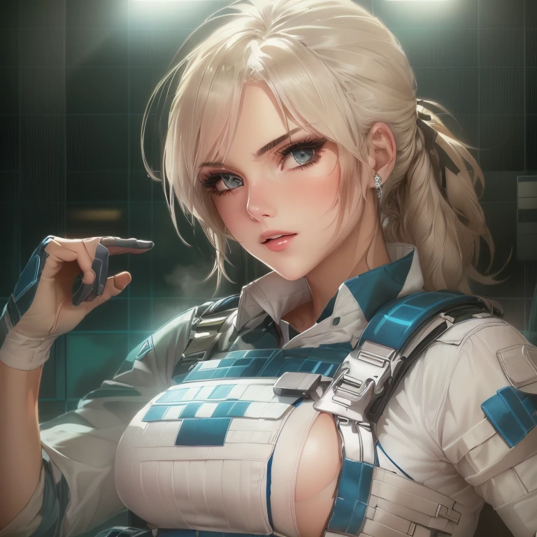 and 18， 1girll， Android 18， 独奏，Android 18 database， （（（blond hairbl， eBlue eyes， short detailed hair，耳Nipple Ring， jewely， laughingly，self-assured））），((Masterpiece)),A high resolution, ((Best quality))，tmasterpiece，top-quality，best qualityer，（（（ looking at viewert, There is light in the eyes）））