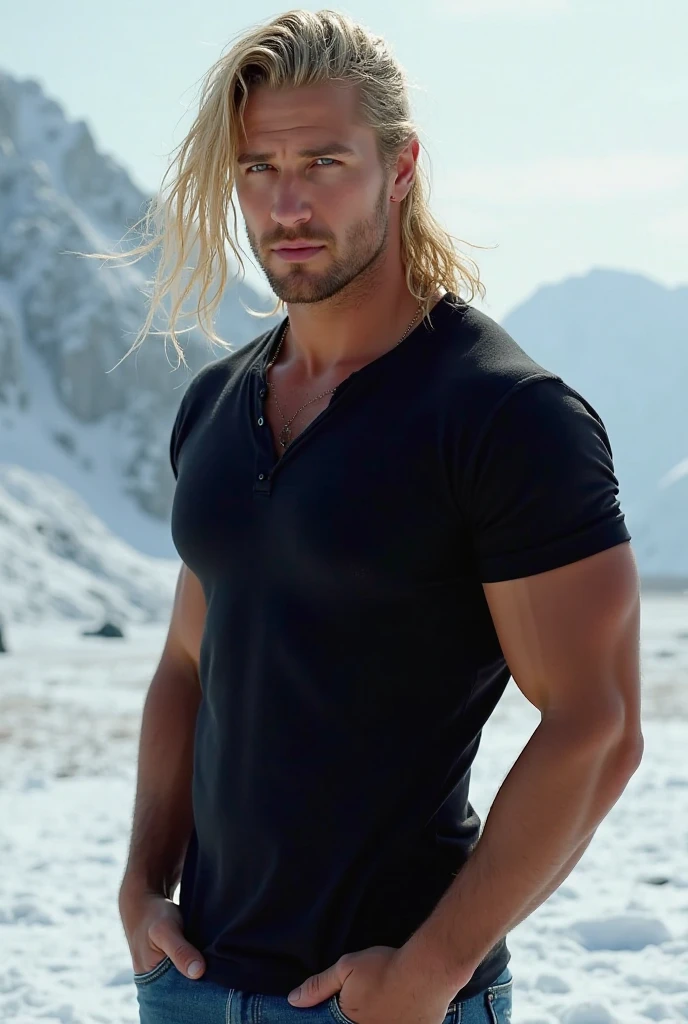 An illustration of Thor, a Greek god with a muscular build and a thick beard............., designed in modern western attire............. His expression is confident and charming............., con un atisbo de sonrisa. The setting is a snowy mountain............, evoking a classic cold atmosphere, sin dejar de mantener el aura poderosa y regia del dios. backside white jeans. Nalgon