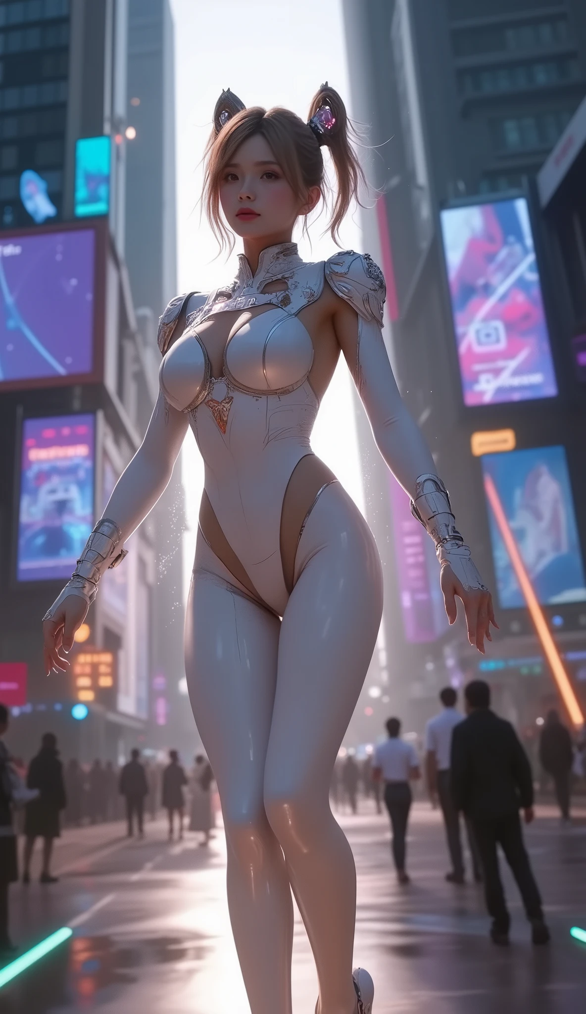 (A girl traveling to another world), a floating busty girl, Street fashion in 3025, chemical suits that allow travel to different dimensions, illumination, neon colors, rubber suits, different dimensions, cyberspace, different worlds,Close Encounters of the Third Kind, laser beams,
