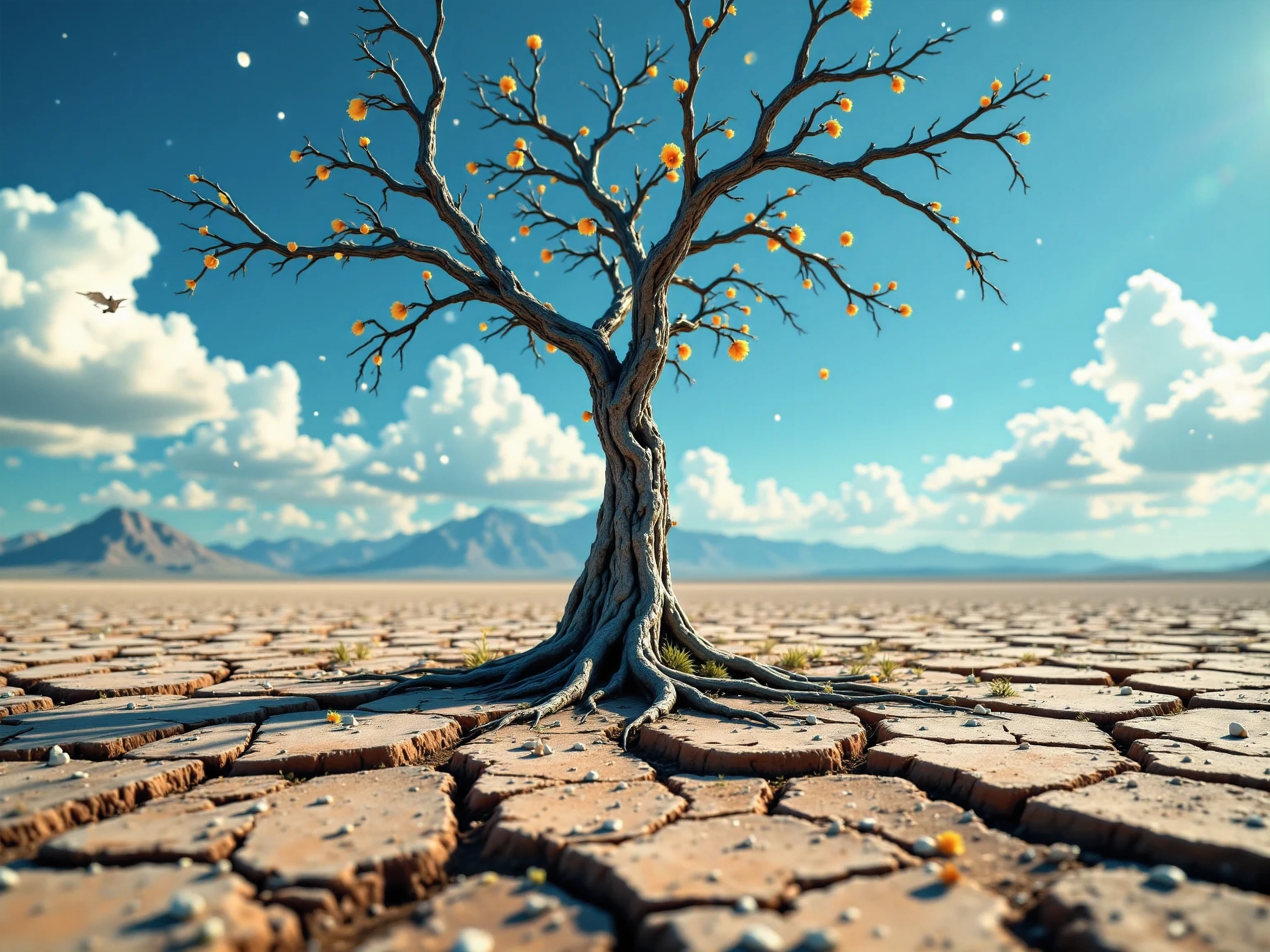 Dry land ,retak, widely stretched,raindrops wet tree seeds ,8k,hyper realistic,masterpieces,realistic