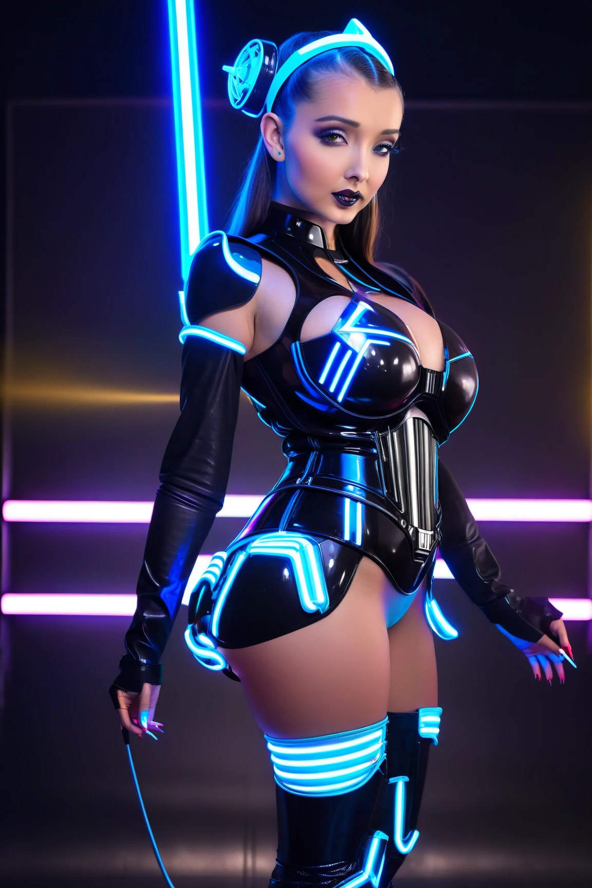 Beautiful nude woman with massive breasts. The breasts are not covered by anything. women wearing only very tight 20 leather shiny stripes on legs and lace underwear, lace on legs. Left breast is tight by one long green shiny rope. Neon dark blue hair and red full thin lips. green eyes. Sexy wide Smiles and face. In background alien space ships and alien spiral galaxy.