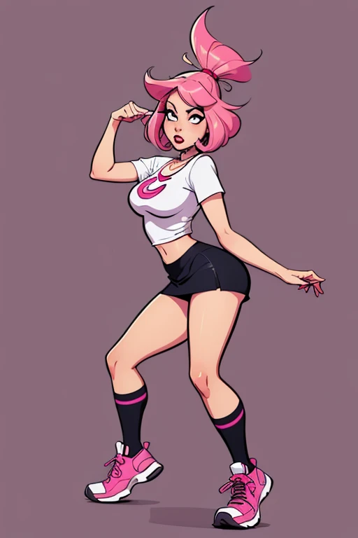 1girl, solo Frenchie, black pantyhose, yellow eyes, blue skirt, blunt bangs, breasts, cowboy shot, fang, large breasts, long hair, looking at viewer, looking back, open mouth, pantyhose, pleated skirt, pink hair, shirt, short sleeves, skirt, pink hair, white shirt, standing, (masterpiece:1,2)Detailed and beautiful face, indoors, navel, feet, nsfw, Full body portrait, Von iskra, von wolfy-nail, von Personalami, Frenchie, poodle, dark brown ears, floppy ears, brown body, yellow eyes, weiblich, (detailliert), Ansicht des Betrachters, solo, 1 Girls, high - res, fotorealistisch, gelbe augen, eingebildet schauend, ((klare strukturelle Details)), detaillierter Realismus, schlank, hart, 4k, excellent quality, hohe Details, (seductive), cenematic lighting, konzert, holds green guitar, scheinwerfer