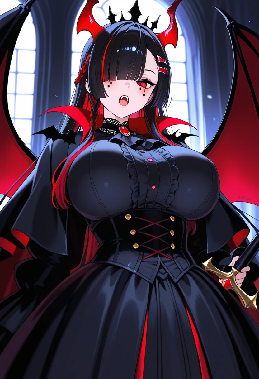 (Bubble butt), (perfect feminine body), (goth maid:1.2) with (massive blue 2100's style hair:1.1), (pierced ears), (pierced lips:1.1), (detailed hand and finger:1.1), (sharp teeth), (round breasts), (bright red eyes:1.2), (big full moon:1.1), (tigth latex:1.1), (high heels), (goth servent), (detailed face and eyes:1.2), (huge breasts:1.1), (busty:1.2), (deep cleavage:1.1), (labia outline:1.2), (teat outline:1.2).