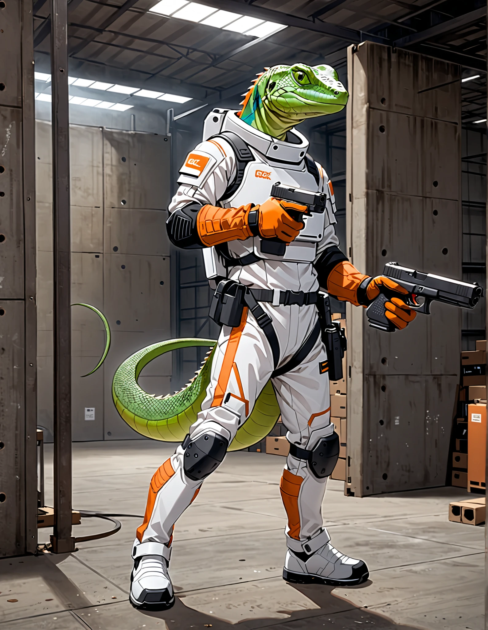 (masterpiece), (best quality), (high res), (solo, solo focus), 1male, male focus, anthropomorphic lizard, mutant, reptile, green lizard, (holding pistol, Glock), matching orange gloves, white spacesuit, armor, black knee pads, white boots, midget-sized, warehouse backdrop, indoors, standing, full-body costume design.