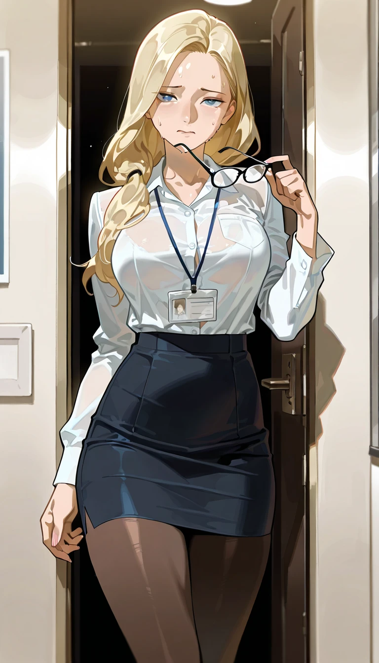 looking at the audience, whole body, Upper body focus, actual, shiny skin, (female office worker), business suit, split, glasses, (pretty face:1.1), (masterpiece, high quality:1.2), huge breasts, maternal love, porcelain skin, honey blonde, Very long hair, curls, adult, heart, in love, seductive light smile, light blush,