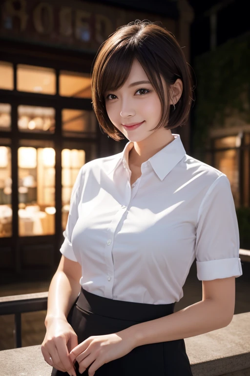 (8k, RAW photo, best quality, masterpiece:1.2), (realistic, photo-realistic:1.37), ultra-detailed,
1 girl,cute, solo,beautiful detailed sky,detailed cafe,night,sitting,dating,(nose blush),(smile:1.1),(closed mouth),large breasts, seductive smile, large aparture, professional lighting, Sony A7R4, Zessie 50mm F1.8,
medium breasts,beautiful detailed eyes,(collared shirt:1.1), bowtie,pleated skirt,(short hair:1.2),floating hair