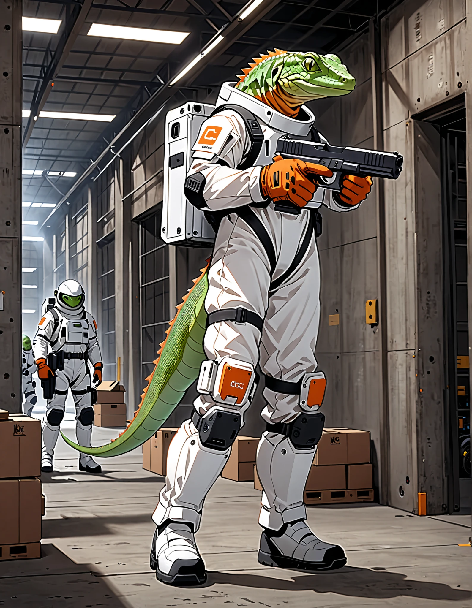 (masterpiece), (best quality), (high res), (solo, solo focus), 1male, male focus, anthropomorphic lizard, mutant, reptile, green lizard, (using a Glock pistol), matching orange gloves, white spacesuit, armor, black knee pads, white boots, midget-sized, warehouse backdrop, indoors, standing, full-body costume design.