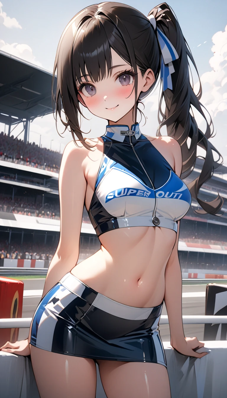 (masterpiece:1.2), (best quality:1.2), (very aesthetic:1.2), (absurdres:1.2), (detailed background),newest,ai-generated, (((solo))), Masterpiece,(share),Open your legs towards the viewer,One cute girl, Highest quality,High resolution,High resolution,Highly detailed CG,8K Unit Wallpaper,25 years old,Beautiful attention to detail,small Breasts,Bobcut,Biomechanical OPPAI,Grid girl posing on the circuit,No sleeve,,(Shiny body:1.3),Open your mouth, blush, Sweat,Embarrassed,sexy,(visible nipples:0.7),(camel toe:0.3),Dark Hair, competition swimsuit,,((sit)),
