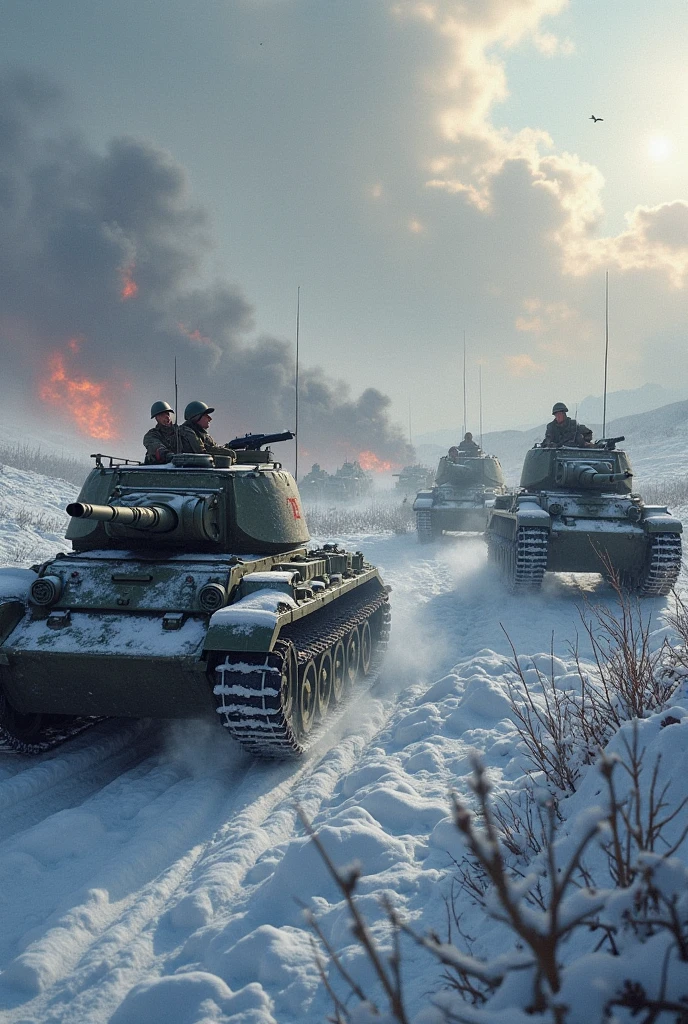 German troops advancing across vast Russian plains under a gloomy sky. A column of tanks facing the winter snow.