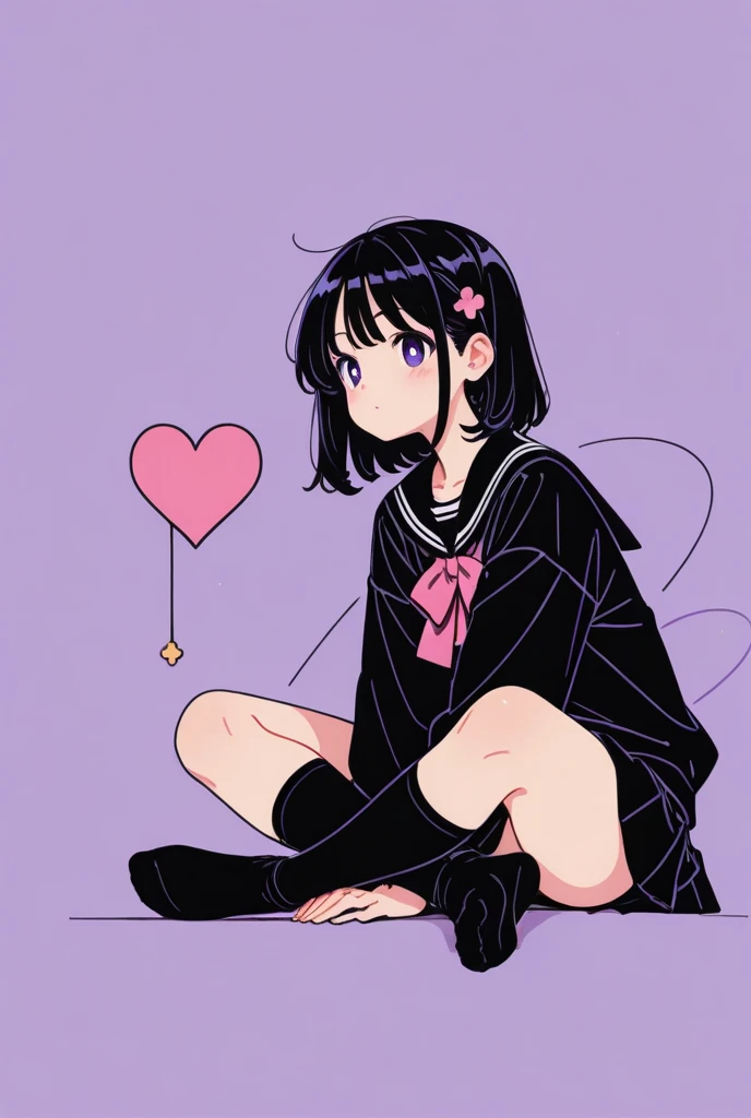best quality, a girl, thinking, sitting, sitting on the floor, looking at viewer, black hair, pale skin, slim, t-shirt, beauty mark, white background, kawaii, anime, full body shot, from front, from below, twintail, braids, bun hair, closeup shot, low angle shot