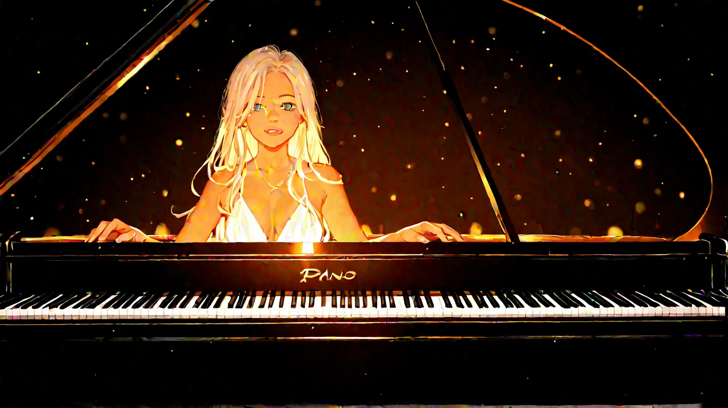 Mulher linda tocando piano, night scenery with full moon in the background, mulher realista, cabelos castanhos, vestido longo, corpo perfeito