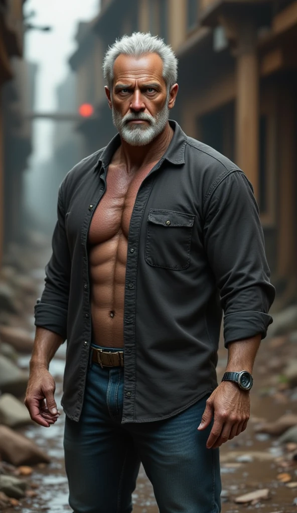(Highest quality, amazing details: 1.4), masterpiece, original characters, natural volumetric lighting and best shadows, deep depth of field, sharp focus, portrait of man 45 years old incredibly beautiful muscles, full body, handsome face manly, beard, attractive with clear eyes, seductive smile, short gray hair shaggy, shirtless, leather pants, (messy painted body: 1.05), (wall background of graffiti murals: 1.15), old industry area, (standing on ruined city streets crosswords: 1.2), picturesque, overexposure, photorealism, photorealistic, nsfw, sexy, nude, sharp, focused, centered, sensual, HD, 8k, DSLR, RAW --auto --s2