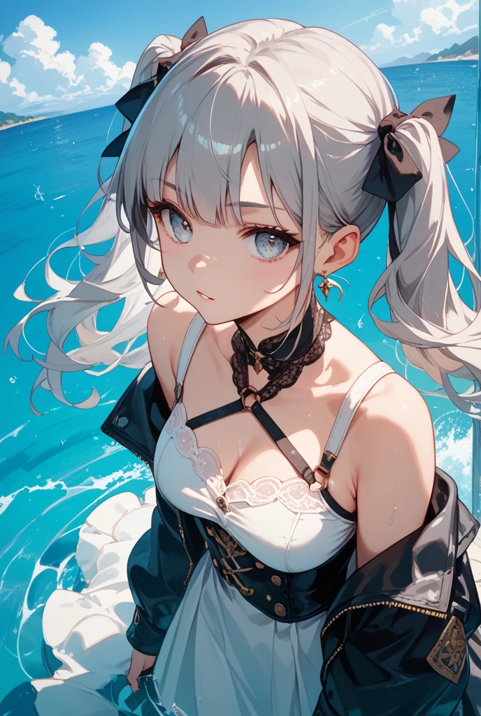 Character CG, HD CG, Advanced rendering, whitehair, Bracelet, the ring, Wristbands, Lolita swimsuit, frils, lacing, Gothic style, Bare shoulders, dynamic angle, Water magic, beachside, sandbeach, Cinematic lighting, partially underwater shot, High detail, Chiaroscuro, ultra high def, Textured skin, Super detail, Best quality, 巨作, ccurate, High details, Anatomically correct, High quality