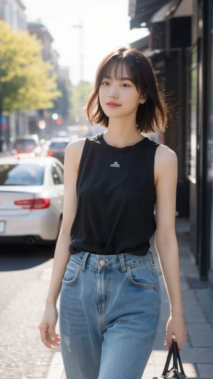 (8k、RAW Photos、Highest quality、masterpiece:1.2)、(Realistic、Realistic)、1 girl、((In town、smile、Big Breasts、tights、Sleeveless、Shorts、boots、Look forward、Stand with hands on hips))、