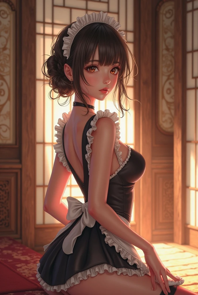 (from below:1.2),(from side:0.9), ((Face)), (Close-Up:0.4), (A masterpiece of image quality in 8K),(Beautiful Allafed Woman),(((emphasizing breasts:1.3))),(Dynamic angles),(Dynamic and sexy bending pose:1.3),(sit a chair:1.3),(Short hair in shiny silver and orange inner colors,large full breasts,Disturbance of clothing due to movement,breast slip,(Ponytail twisted buns adorned with elaborate braids and beads,Braided Setup Fishbone Hair:1.2),(see-through bangs),small breasts,(((A brown lace apron that shows your bare skin from under your small breasts.......)))、Blush with embarrassment、Enraptured eyes、 open mouth,A smile that beguiles the viewer、(Look back:1.7)、Look into the photographer,skin glistening with sweat,gazing at viewer,,(Professional Lighting),(masutepiece,top-quality,Ultra-high resolution output image,),(Ultra HD with complex detail image modes),depth of fields,Beautiful hands,Beautiful fingers,Detailed finger features,(Detailed hair features:1.7),detailed facial features,detailed clothes features,