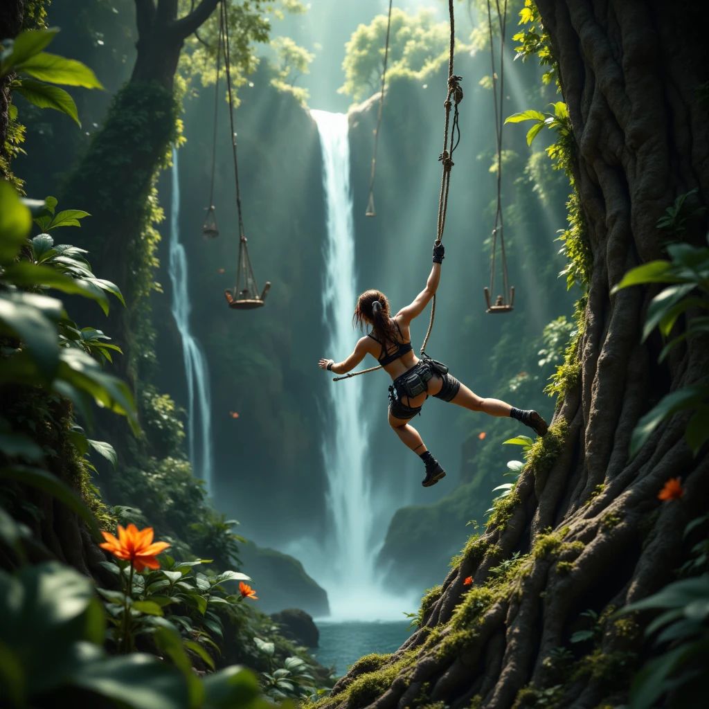 top quality, future world, State-of-the-art robot, Beautiful Woman swing on the tree , flying hair, Transformed into a cyborg except for the face, sexy images, whole body photo, back view, (((jungle, adventure, huge trees, water fall, huge stone)))