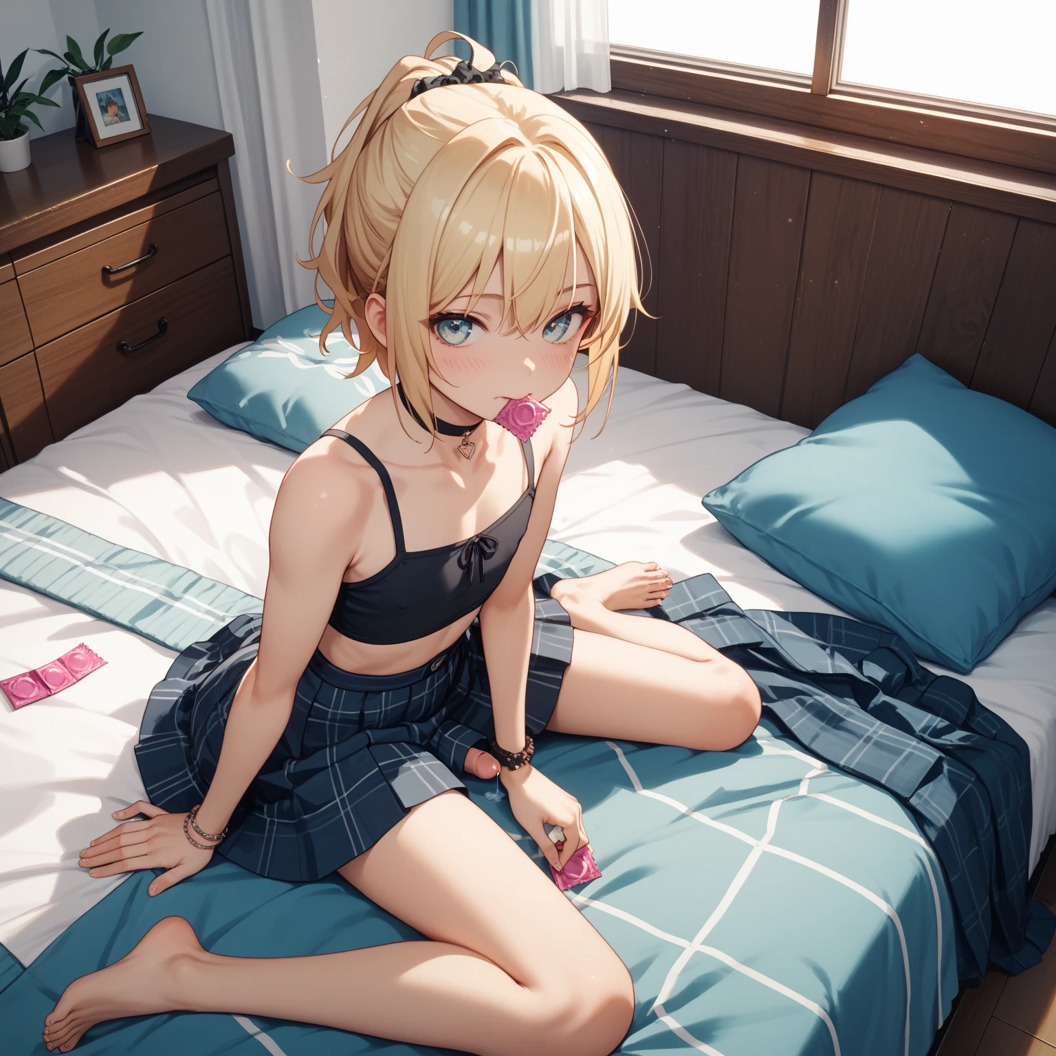 (Browsing Caution), Blonde, French Braid, short hair, Twin tails, , Sweat, Wet Skin, Shiny skin, Beautiful face in every detail, orgasm, Open your mouth, Waving Mouth, Drooling, ((Squirting)), (Flat Chest), (close your eyes), ((Drooling)), (The vagina is open), Pussy, Sitting on the bed, Penis in vagina, Spread your legs,masturbation behavior,Masturbation,nsfw