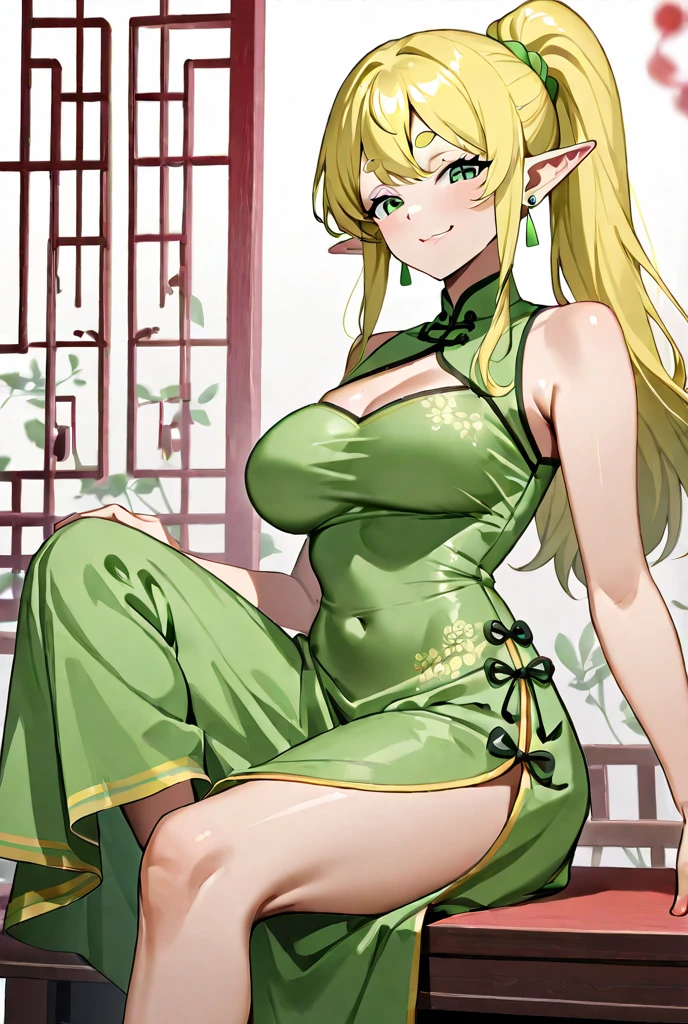 Anime Kawaii sexy Perfect Slim sensual body large breast and huge thighs, An intricate and highly detailed illustration of anime (Young girl). a young woman, beautiful, long straight hair with ponytail, blond hair, emerald green eyes, White skin, Detailed face, curvilinear body, small breasts, wide hips and thick thighs, green chinese dress with yellow patterns, tight, neckline, erotic.