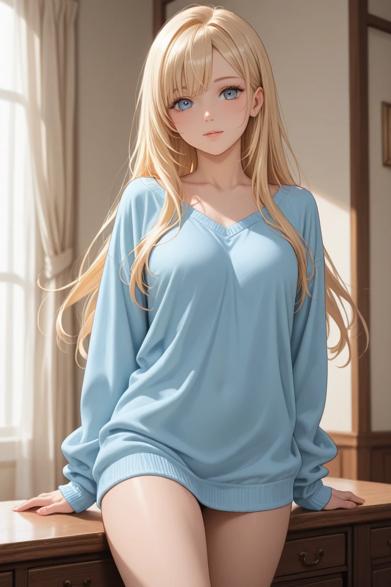 top-quality、Top image quality、masterpiece、girl with((18year old、Best Bust、big bast,Beautiful blue eyes、Breasts wide open, a blond、A slender,Large valleys、White Sweater Clothing、White pants、hold a teacup with both hands))hiquality、Beautiful Art、Background with((Nice and clean room.、pink floor mat、Wooden table、Stylish bed)))、,masutepiece、visualart、depth of fields、