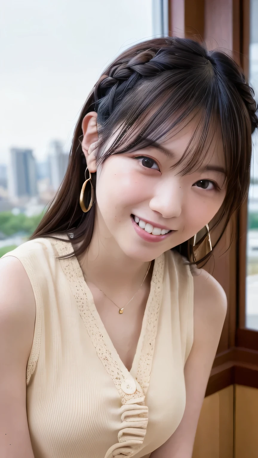 1 Japanese beauty , depth off field, first-person view, f/1.8, 135mm, Nikon, 超high definition, retina, masterpiece, accurate, anatomically correct, textured skin,Very white skin、 clear skin 、 Super Detail, high detail, high quality, Best Quality, high definition, 1080P, high definition, 8k, (big boob:1.2), (cleavage of boob:1.2)、Japanese beauty 1 person, (Big round eyes:1.4).(she has heterochromia, and her eyes are different colors, which makes her incredibly captivating)、(Drunken Blush Makeup)、round face、She is smiling very happily、INSANELY BEST SMILE、is smiling with her mouth open、Her front teeth are neatly arranged、cute little vampire fangs、(Braided Top Knot,twisted side part ponytail、Braided Headband,half up、Braided Space Bang,voluminous fishtail braid,Twisty Bang)、(She's wearing a sleeveless lace blouse(beige))、office at sunset、She is sitting in a window seat、I can see a skyscraper city out the window