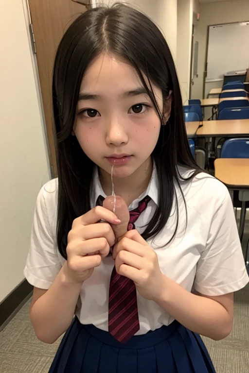 ,Short sleeved white shirt,Grey checked tie,Grey checked mini skirt,Navy blue socks,open mouth,tongue out,cum on tongue,Sitting on a black sofa,looking ahead,from above,flont view,face focus,open mouth,tongue out,(1girl,Beautiful 14 year old girl),((Slender,Small breasts,Small face,)),looking at viewer,Black Hair,bangs,Row Twin Tails,Beautiful and detailed,Mischievous smile,Hands under the chin,Dimly lit room,Simple Background,Black background,