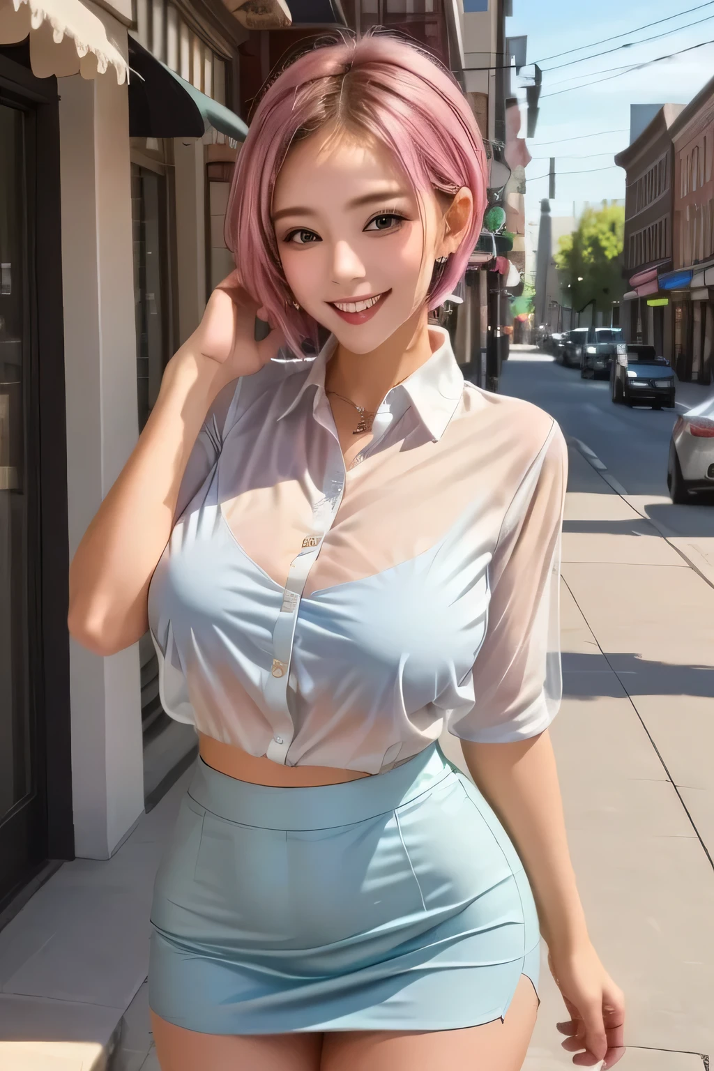 (masterpiece, Top Quality,8K Ultra HD, realistic), (1girl), beautiful face grin, light blue sheer blouse, brown tight mini skirt, pink bob hair, beautiful face, (Big Breasts), white skin, white thighs, I'm sweaty, sexy, Stand Pose, (background: Main Street )