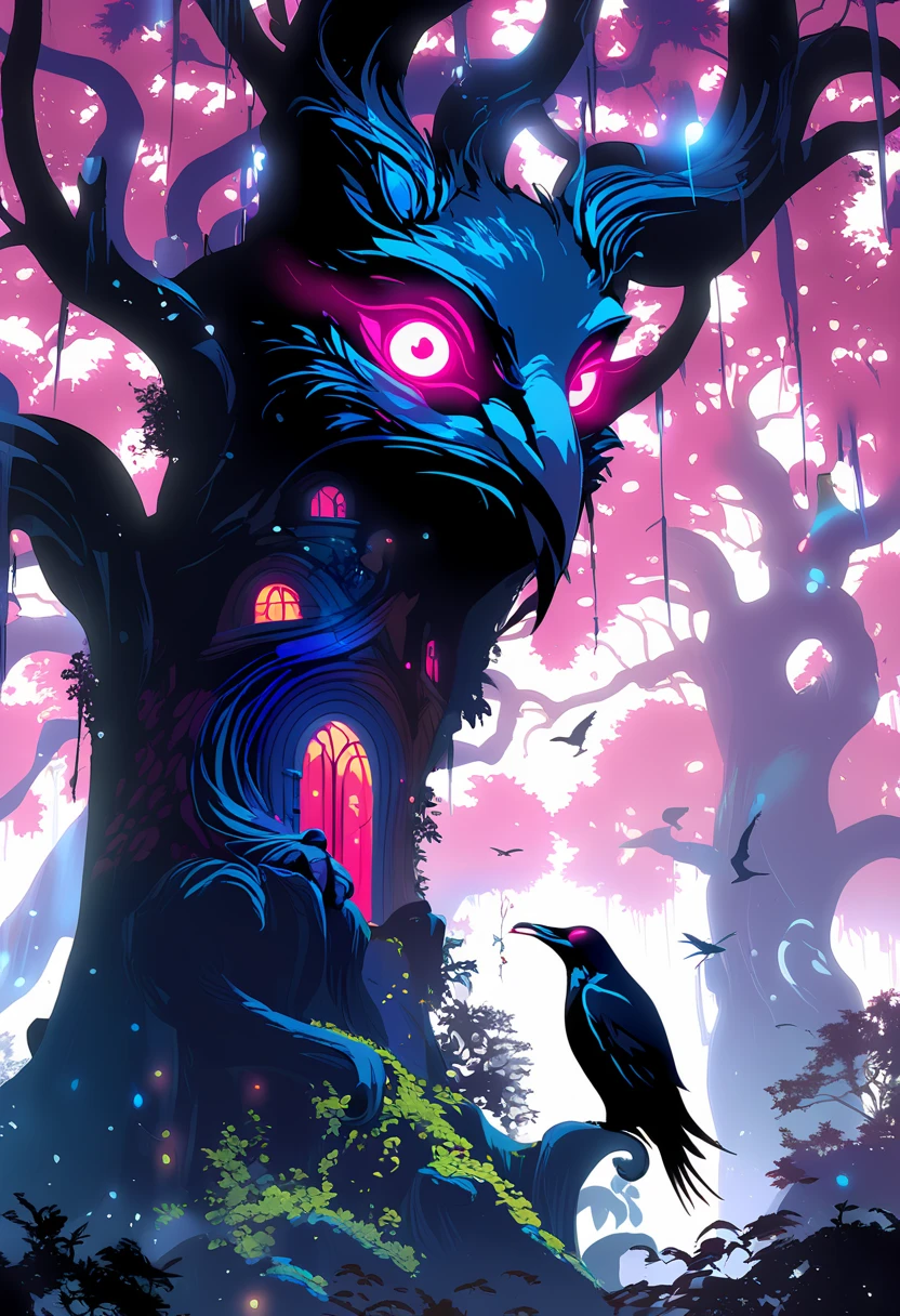 A Ghibli-style magical forest with floating spirits and whimsical creatures, but in the midst of the beauty, a sinister, deformed monster with pulsating skin and multiple eyes emerges from a dark, misty corner. The mix of whimsy and horror creates a captivating yet disturbing image. Size: 1080x1920."