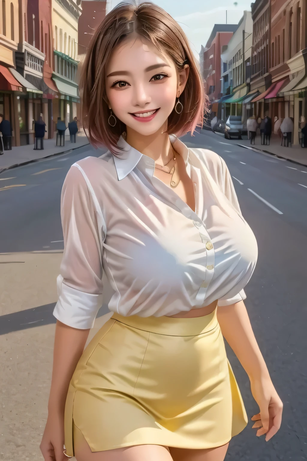 (masterpiece, Top Quality,8K Ultra HD, realistic), (1girl), beautiful face grin, light yellow sheer blouse, brown tight mini skirt, pink bob hair, beautiful face, (Big Breasts), white skin, white thighs, I'm sweaty, sexy, Stand Pose, (background: Main Street )