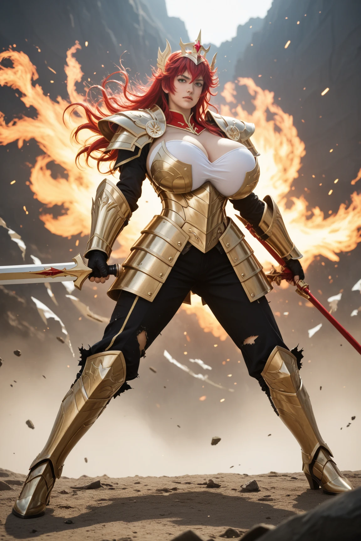 Aries sign Super hero,Full Body , Sensual Body,Girl, athlete body , Long red hair that looks like it's on fire , golden eyes ,Red and gold sheep costume Sensual,Ram horns helmet ,Powerful Pose ,Aries tattoo in the middle of the chest ,city background , Style X-men,The avengers,Cartoon style