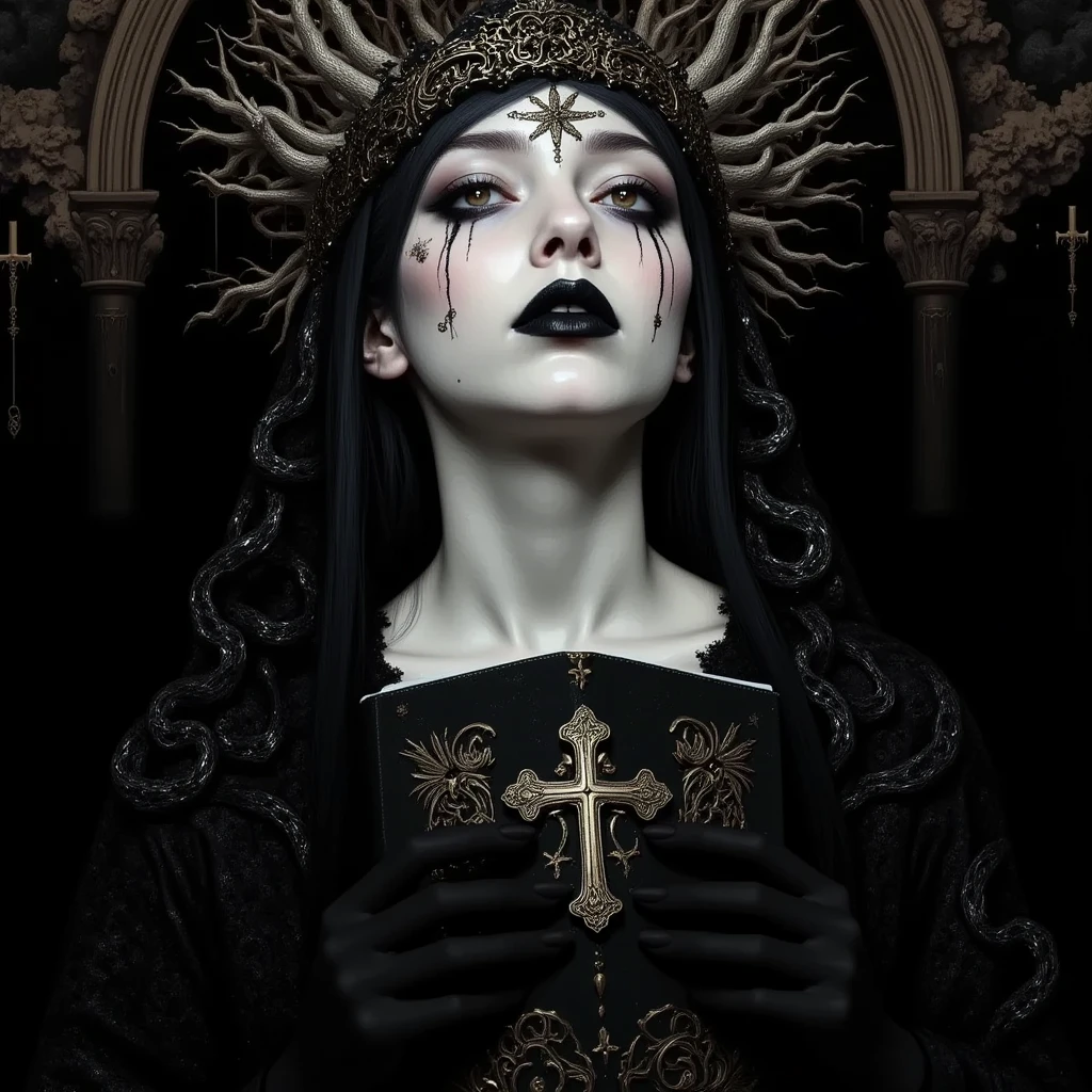 Black Mary Statue shedding black tears Wearing a pitch black hood On his head he wears a crown of curse Holding a demonic skull The Dark Church Baroque
