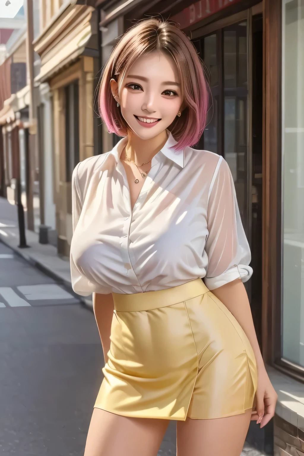 (masterpiece, Top Quality,8K Ultra HD, realistic), (1girl), beautiful face grin, light yellow sheer blouse, brown tight mini skirt, pink bob hair, beautiful face, (Big Breasts), white skin, white thighs, I'm sweaty, sexy, Stand Pose, (background: Main Street )