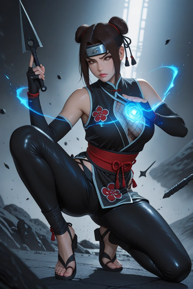 Arafe woman han juri solo、Fighting Game Fighter、Fitness Model、Big breasts about to burst、No exposed skin、thin and long legs,、Fitness Body Shape、Pose ready to fight、battle look, close up